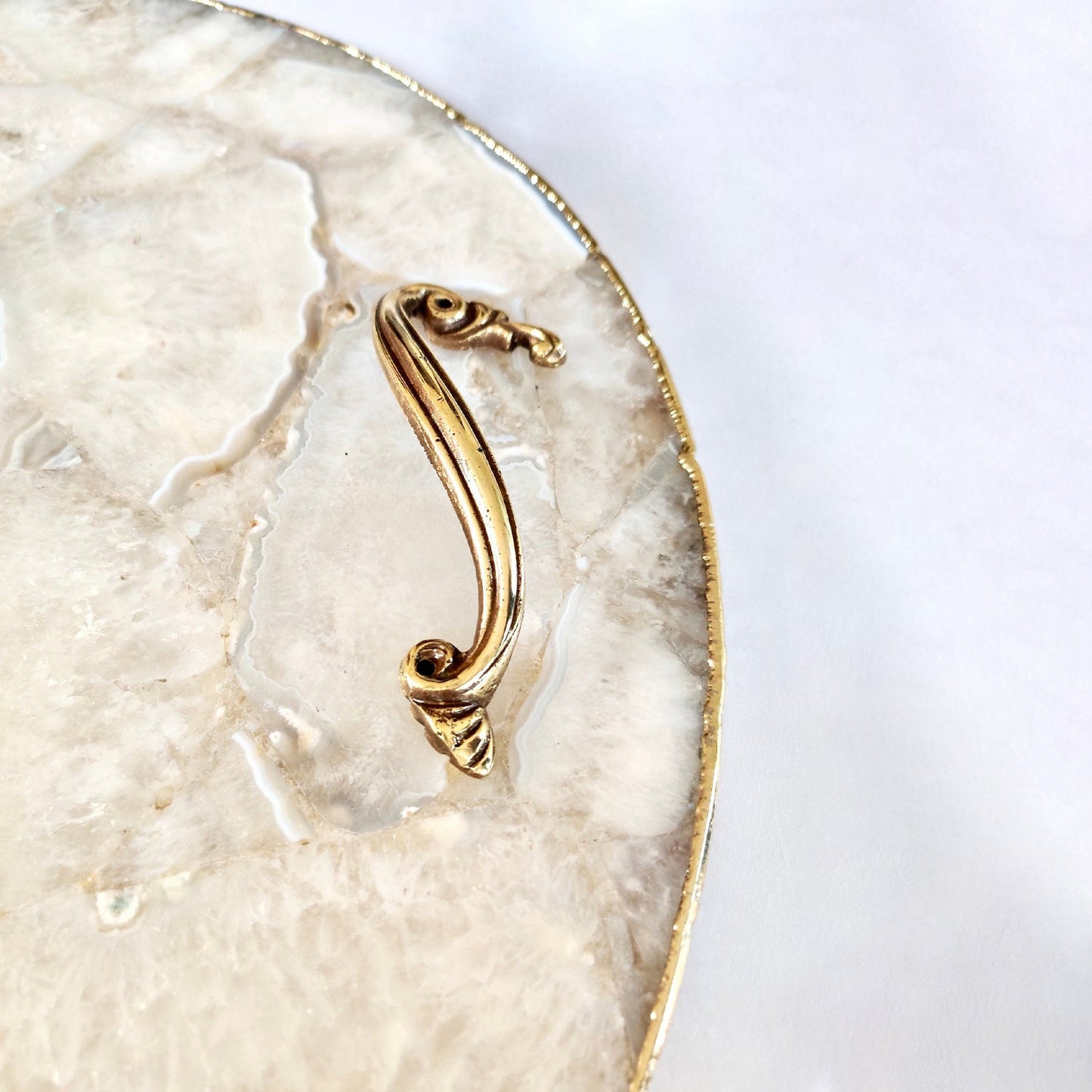 White Agate Serving Tray With Brass Handles | Circular |