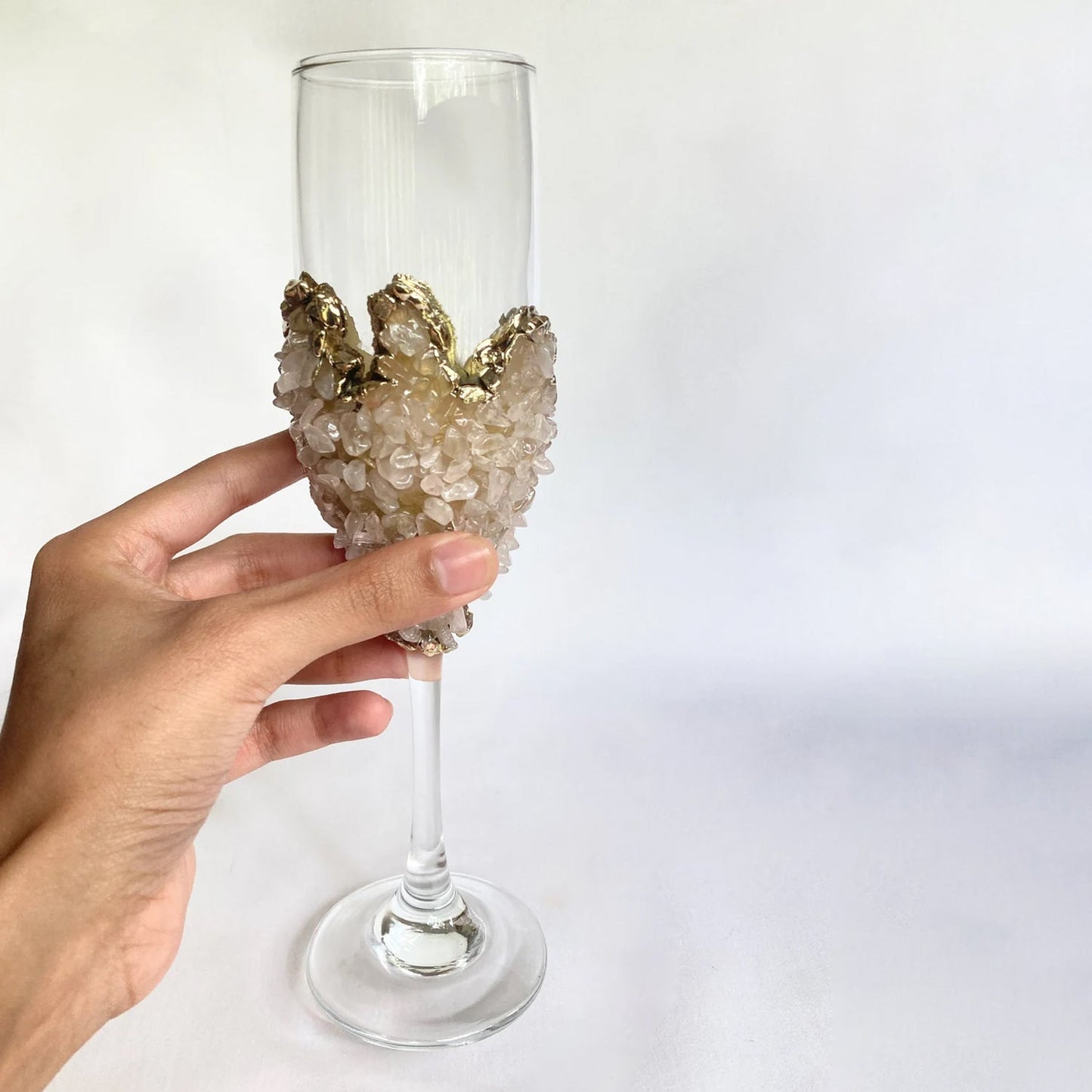 Set of 2 |Crystal Wine/Champagne Glasses with Gold Plated Rose Quartz