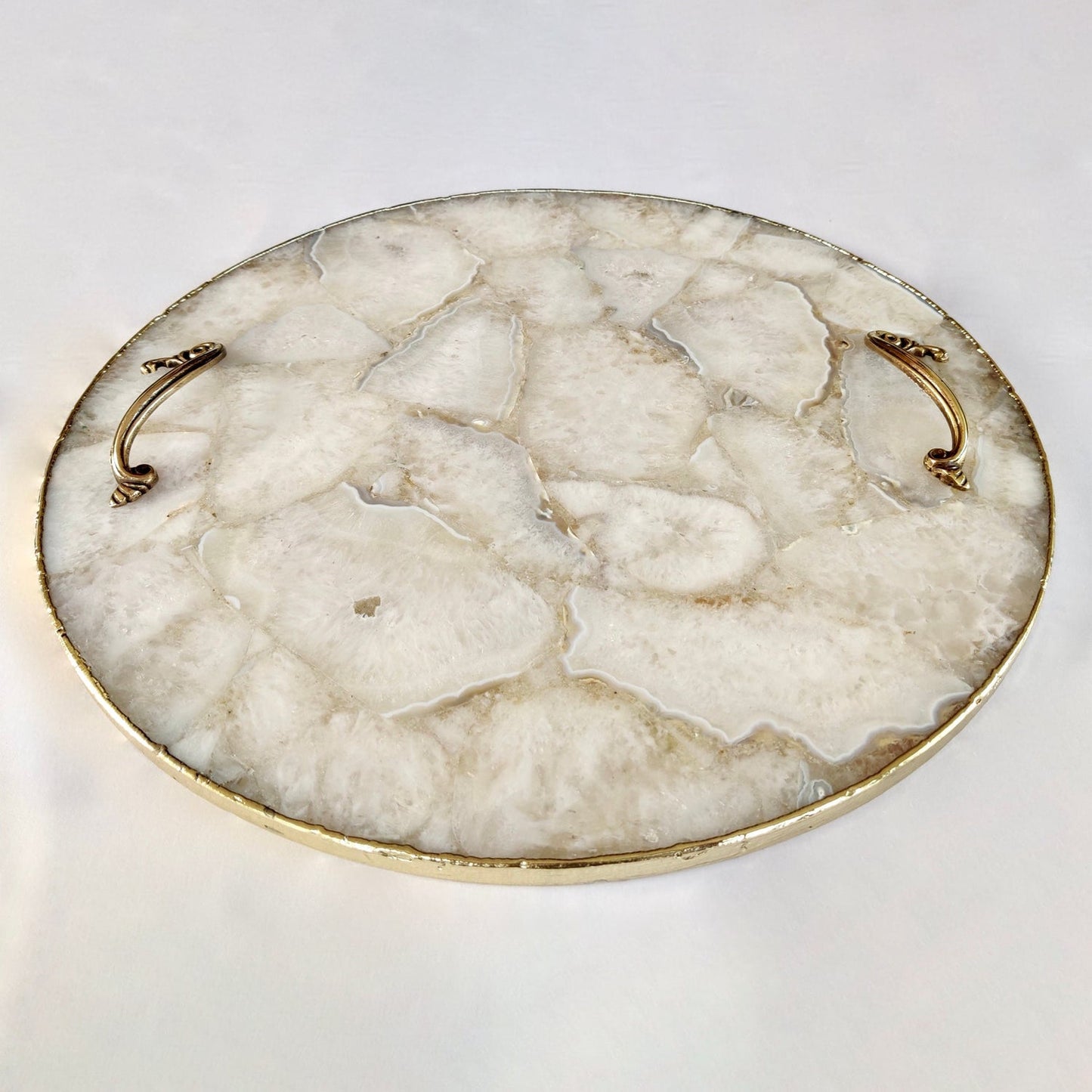 White Agate Serving Tray With Brass Handles | Circular |