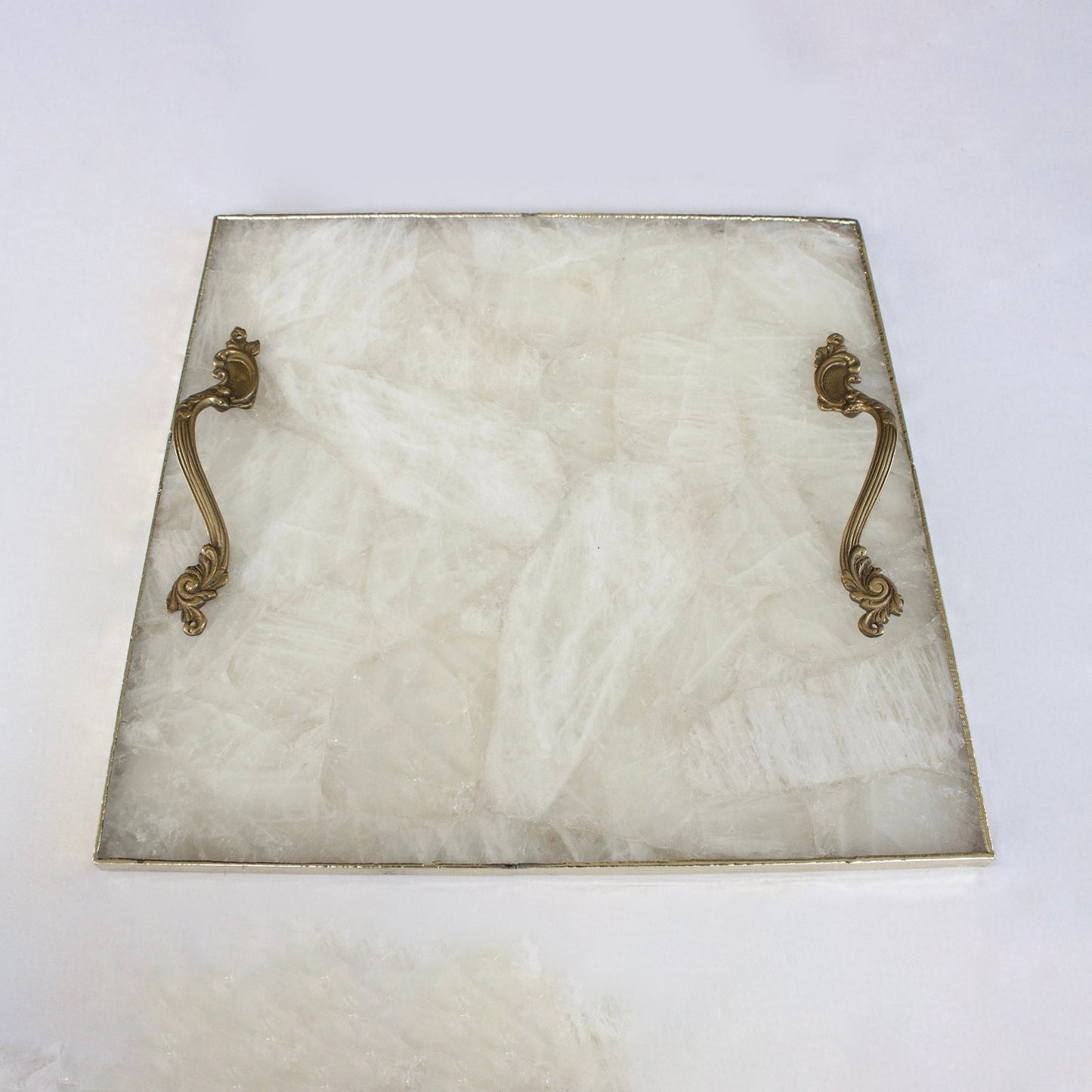 White Agate Serving Tray With Brass Handles | Square