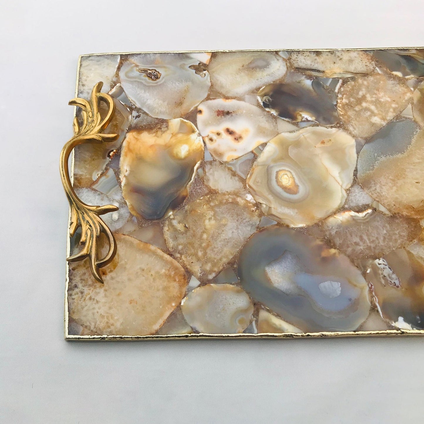 Golden Brown Agate Serving Tray With Brass Handles