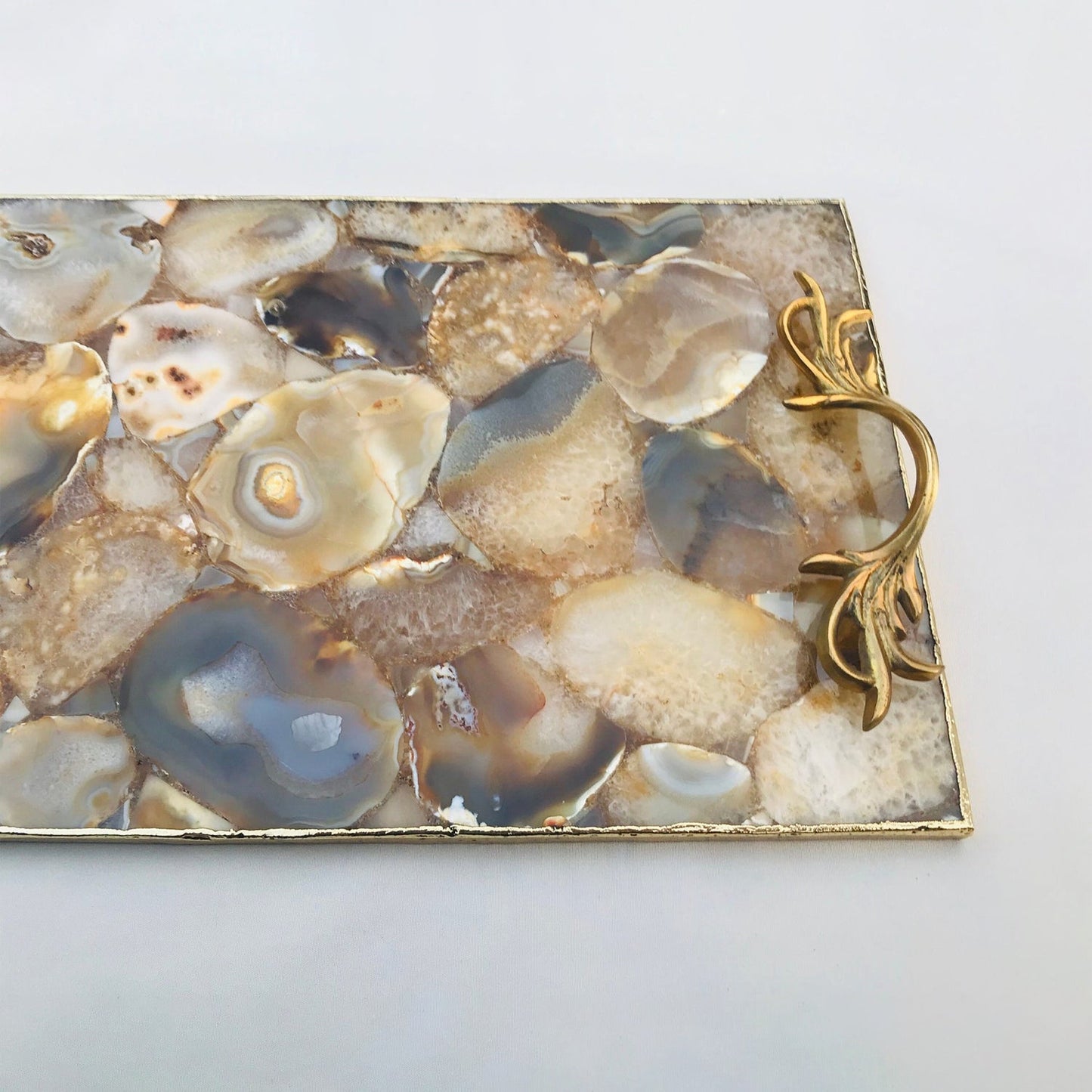 Golden Brown Agate Serving Tray With Brass Handles