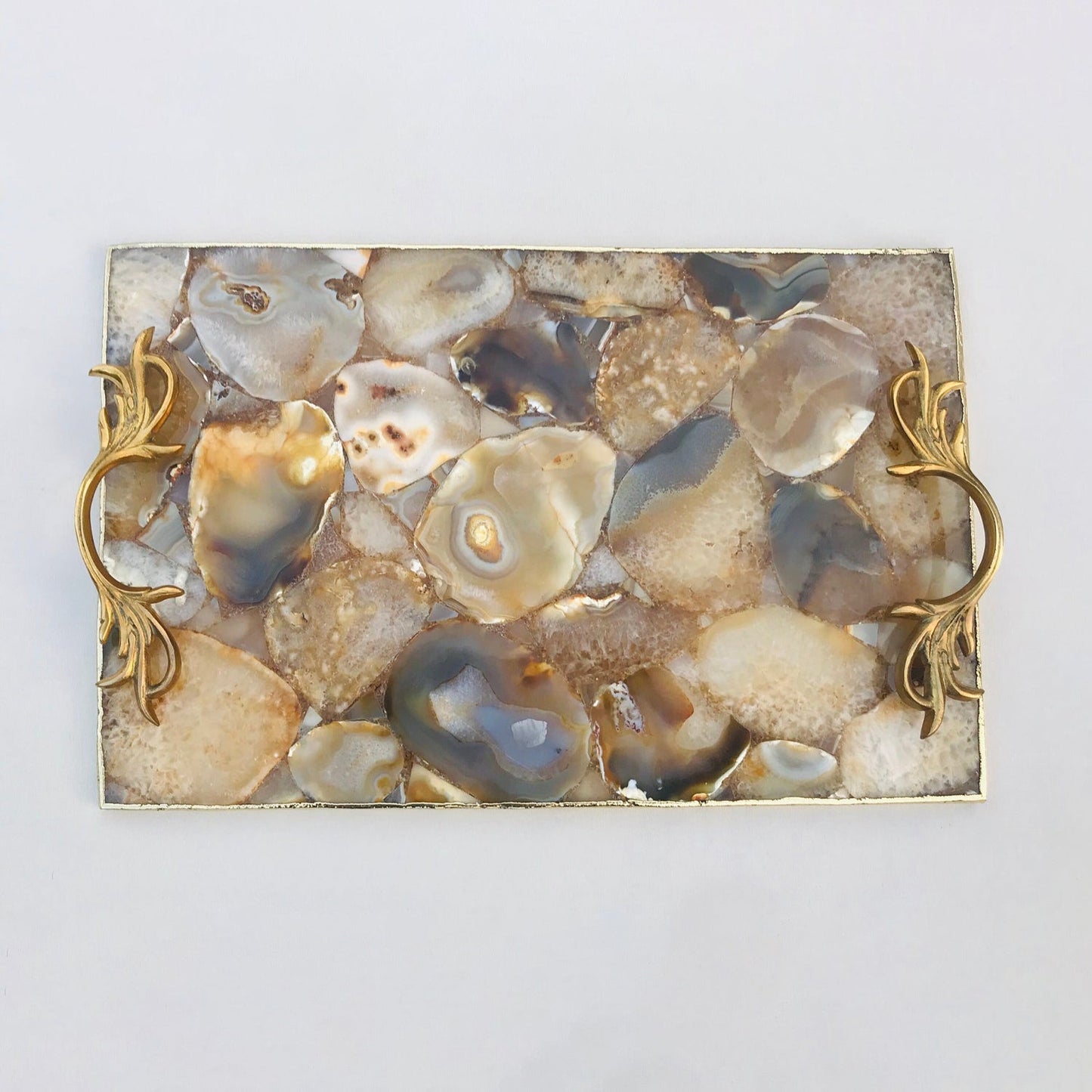 Golden Brown Agate Serving Tray With Brass Handles