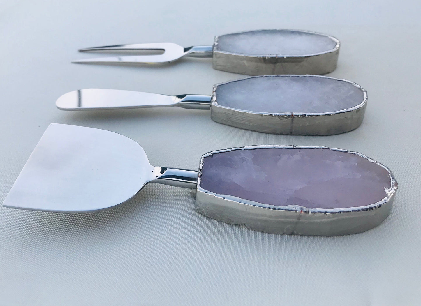 Set of 3 Rose Quartz Agate Cheese Knives/Spreaders