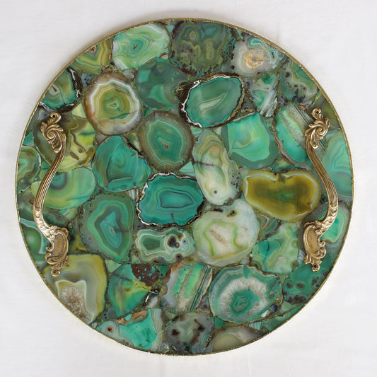 Green Agate Serving Tray With Brass Handles | Circular