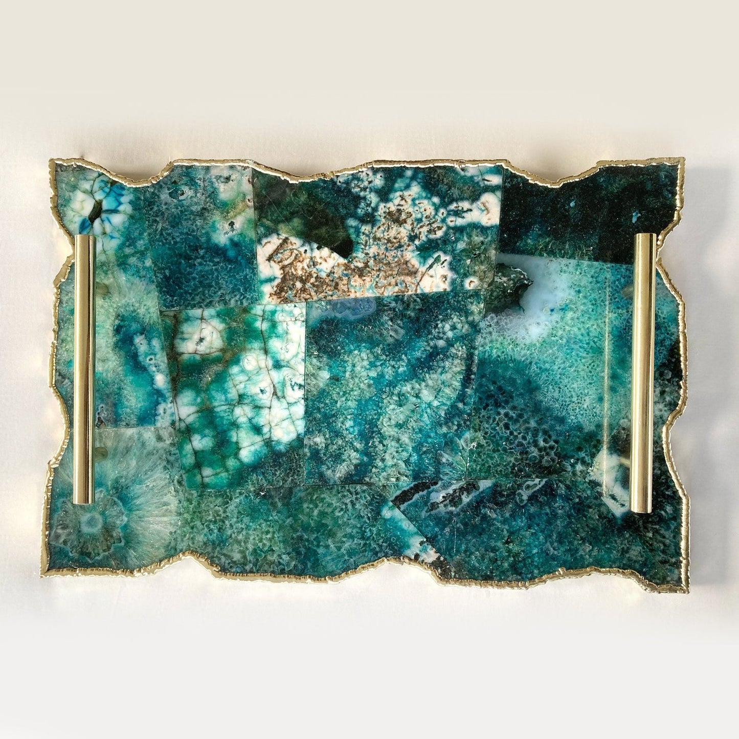 Large Composite Green Agate Serving Tray With Plain Modern Brass