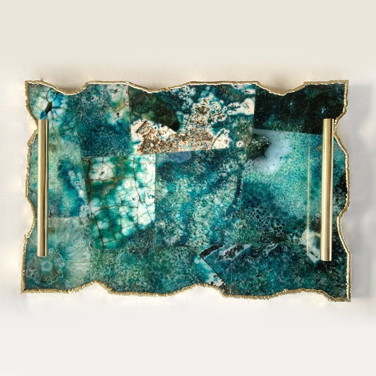Large Composite Green Agate Serving Tray With Plain Modern Brass
