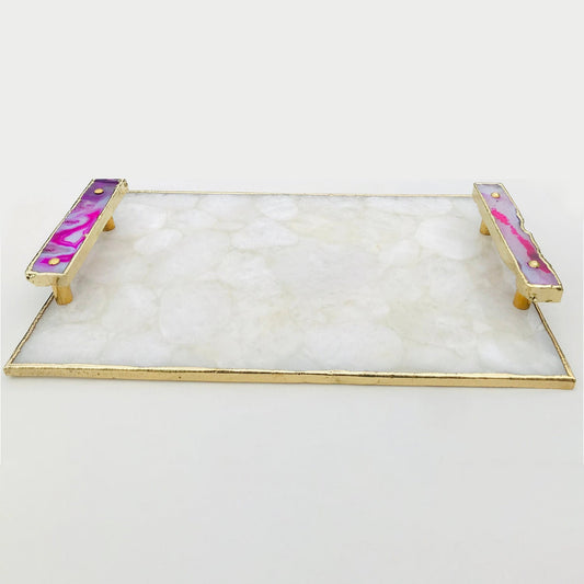 White Crystal Agate Plated Serving Tray With Pink Agate/Onyx