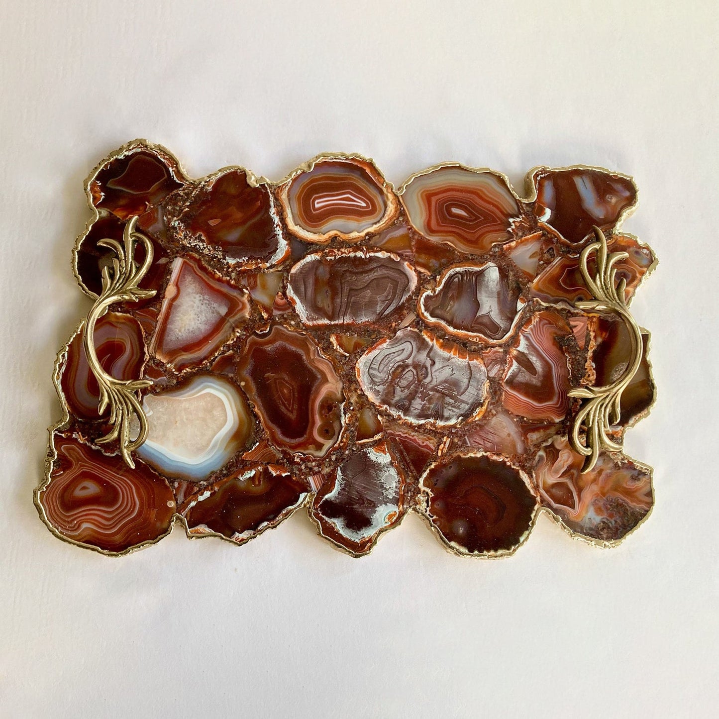 Large Red Agate Serving Tray With Brass Handles/Personalised