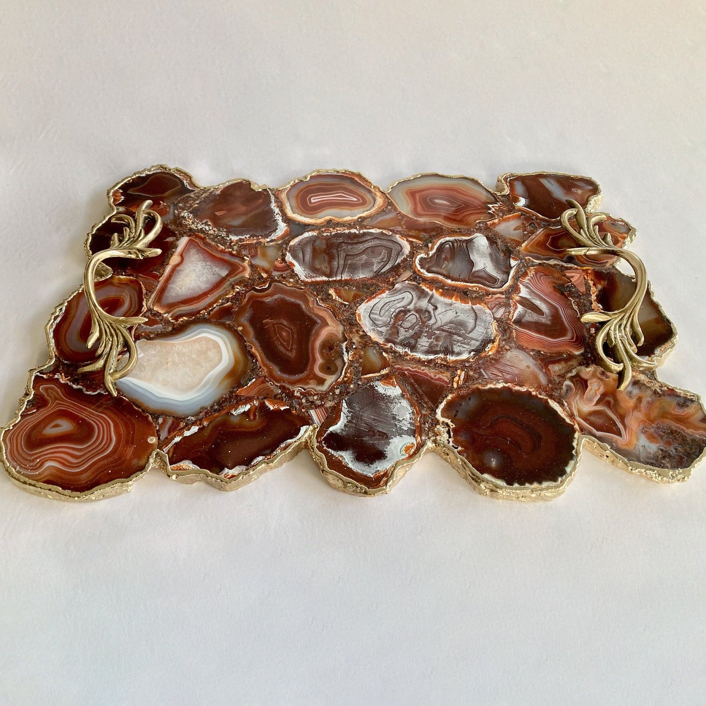 Large Red Agate Serving Tray With Brass Handles/Personalised