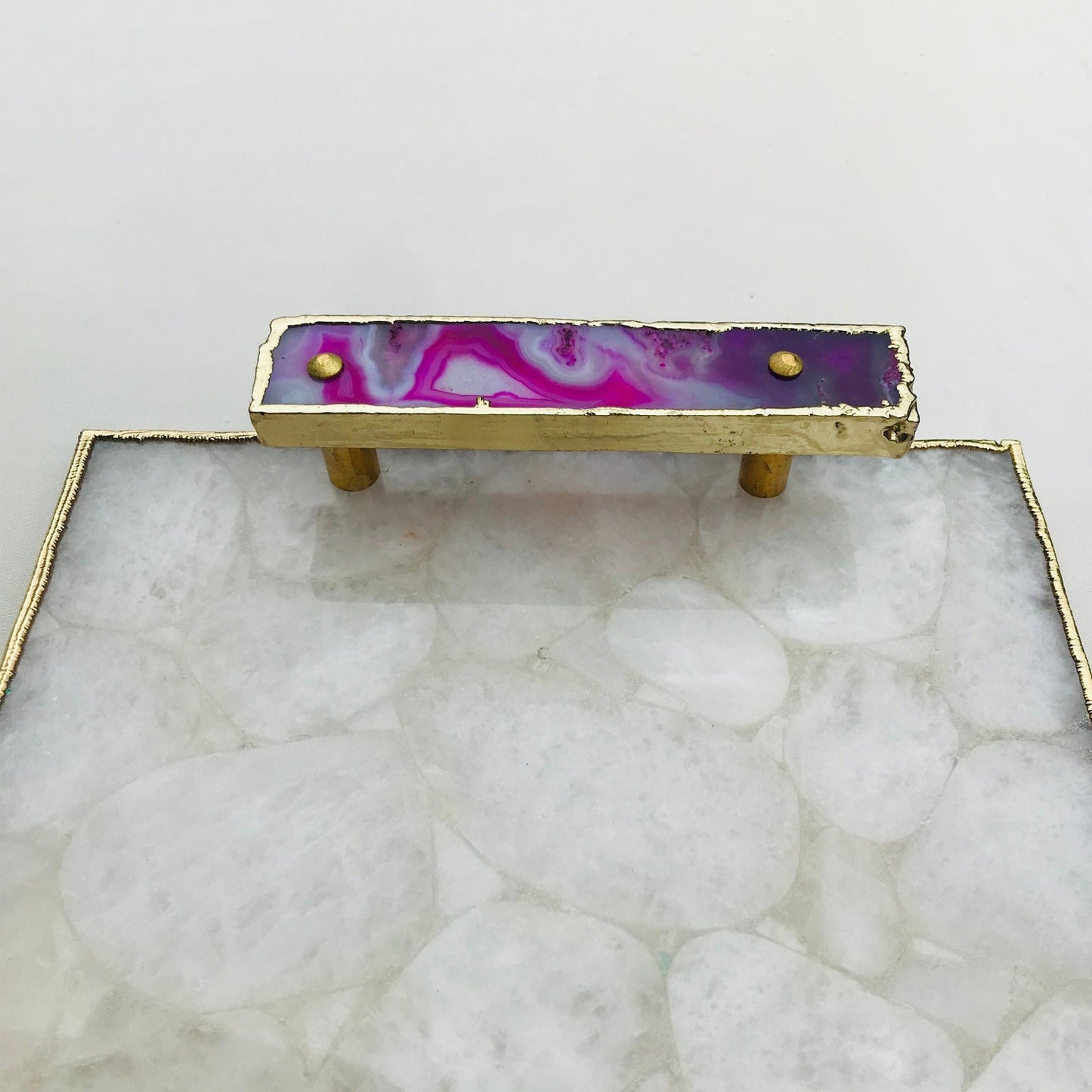 White Crystal Agate Plated Serving Tray With Pink Agate/Onyx