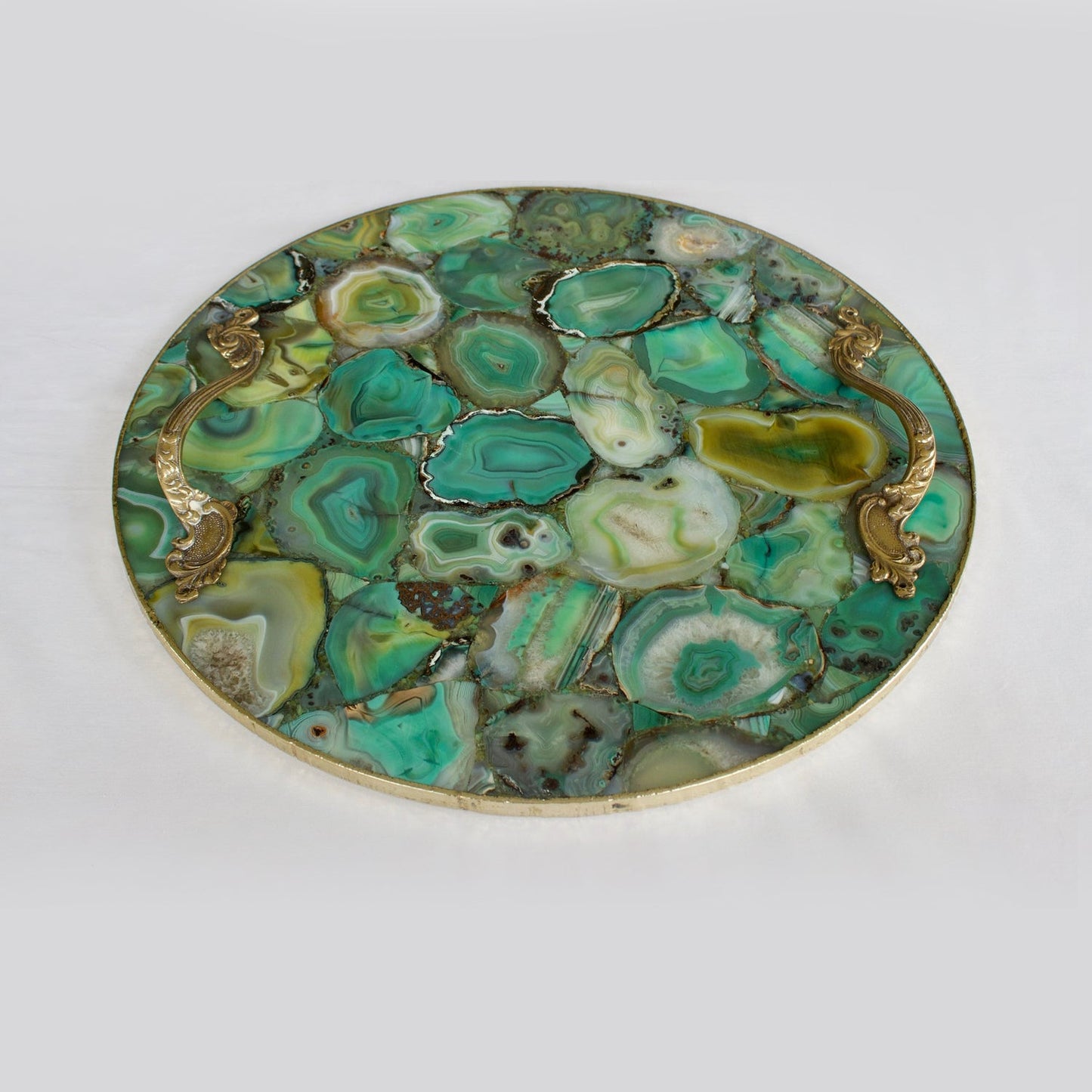 Green Agate Serving Tray With Brass Handles | Circular