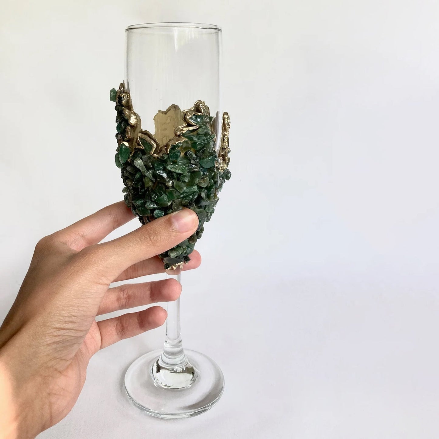 Set of 2 |Crystal Wine/Champagne Glasses with Gold Plated Dark Green
