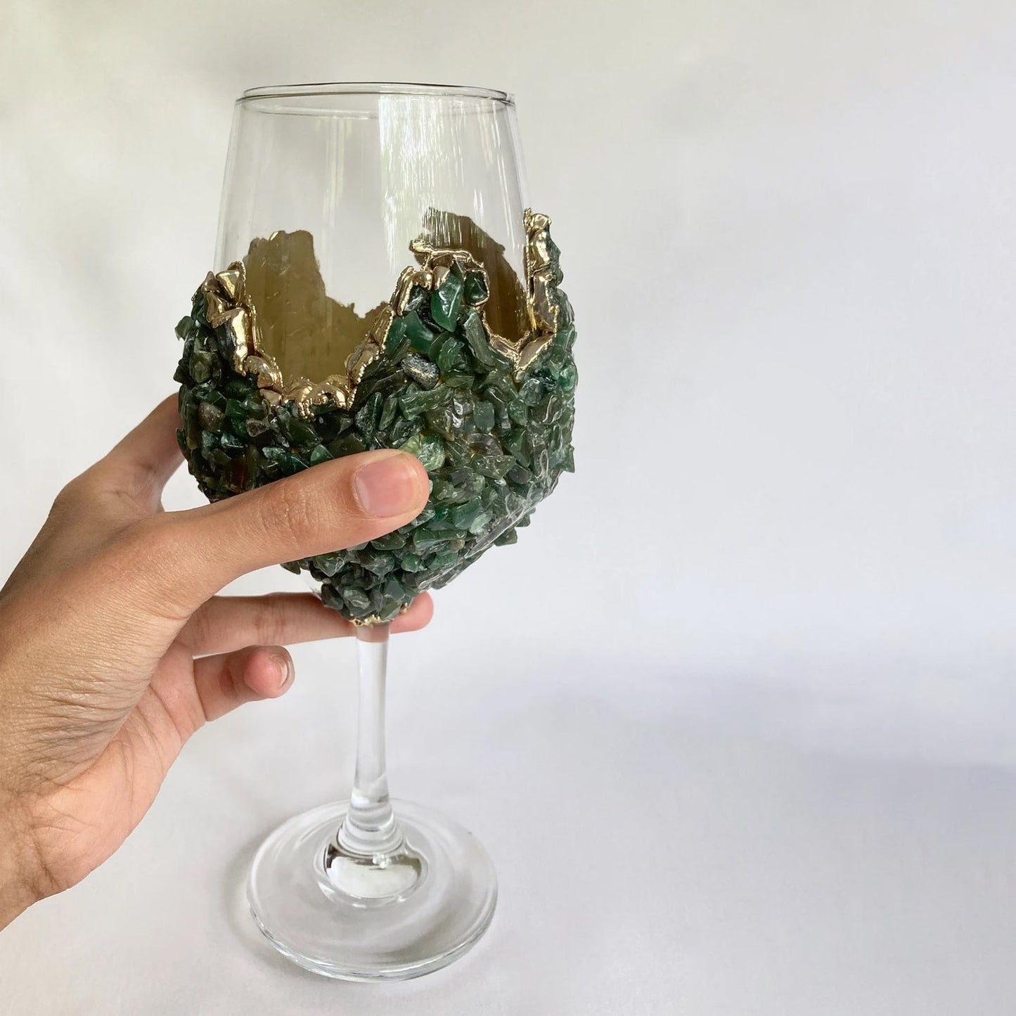 Set of 2 |Crystal Wine Glasses with Gold Plated Dark Green