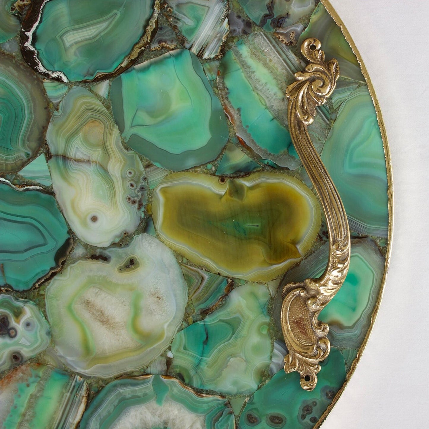 Green Agate Serving Tray With Brass Handles | Circular