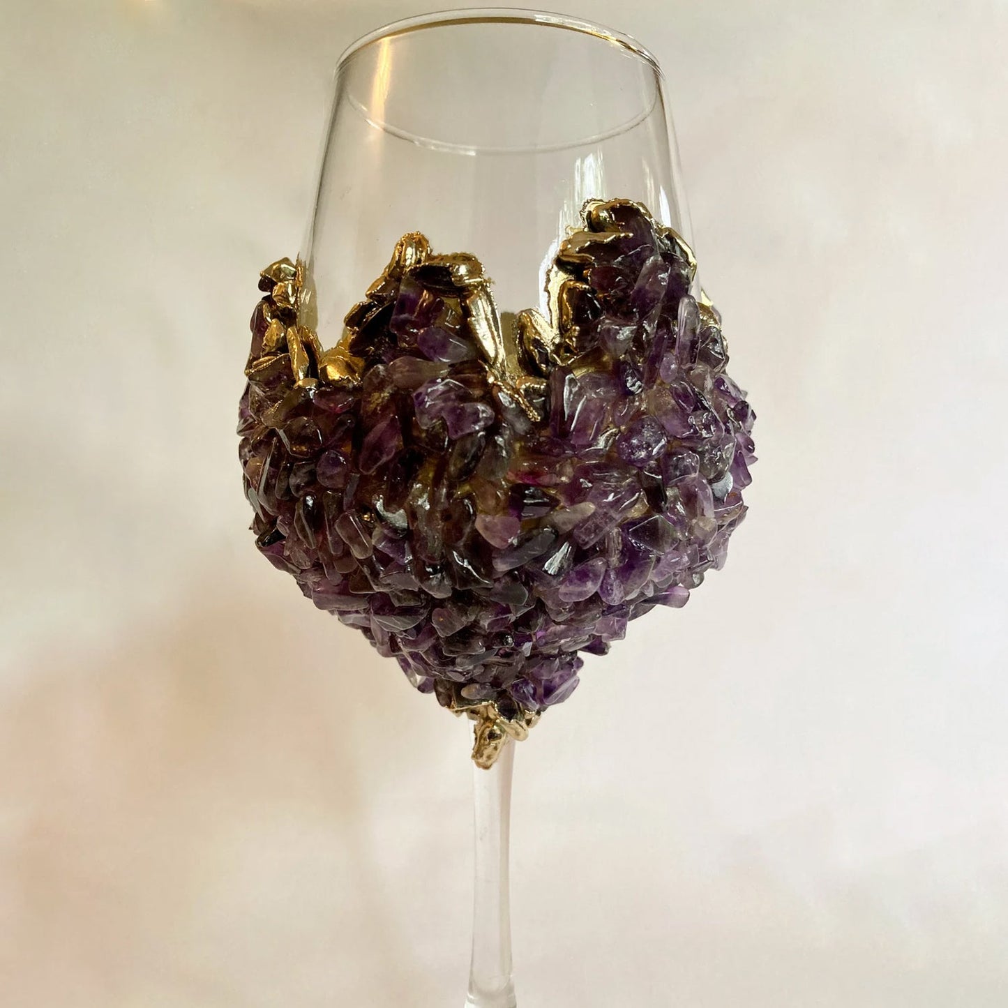 Set of 2 |Crystal Wine Glasses with Gold Plated Purple Amethyst
