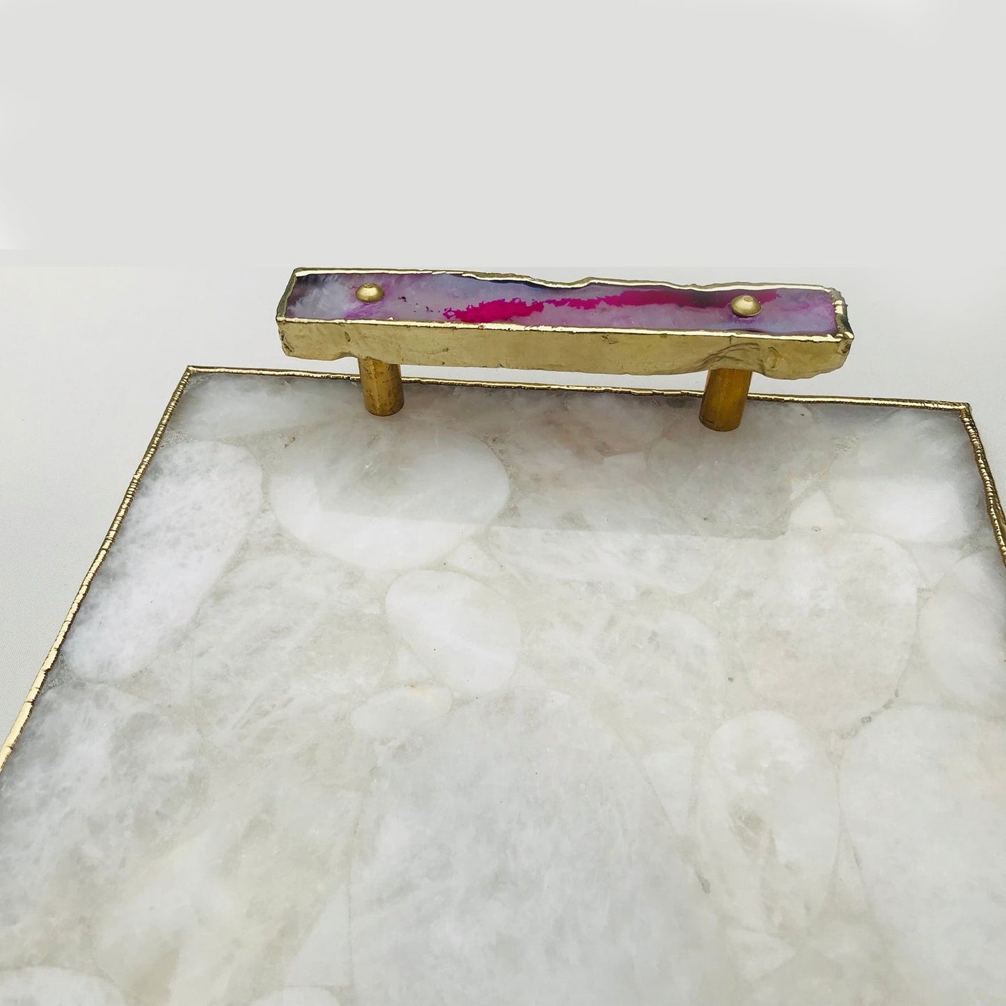 White Crystal Agate Plated Serving Tray With Pink Agate/Onyx