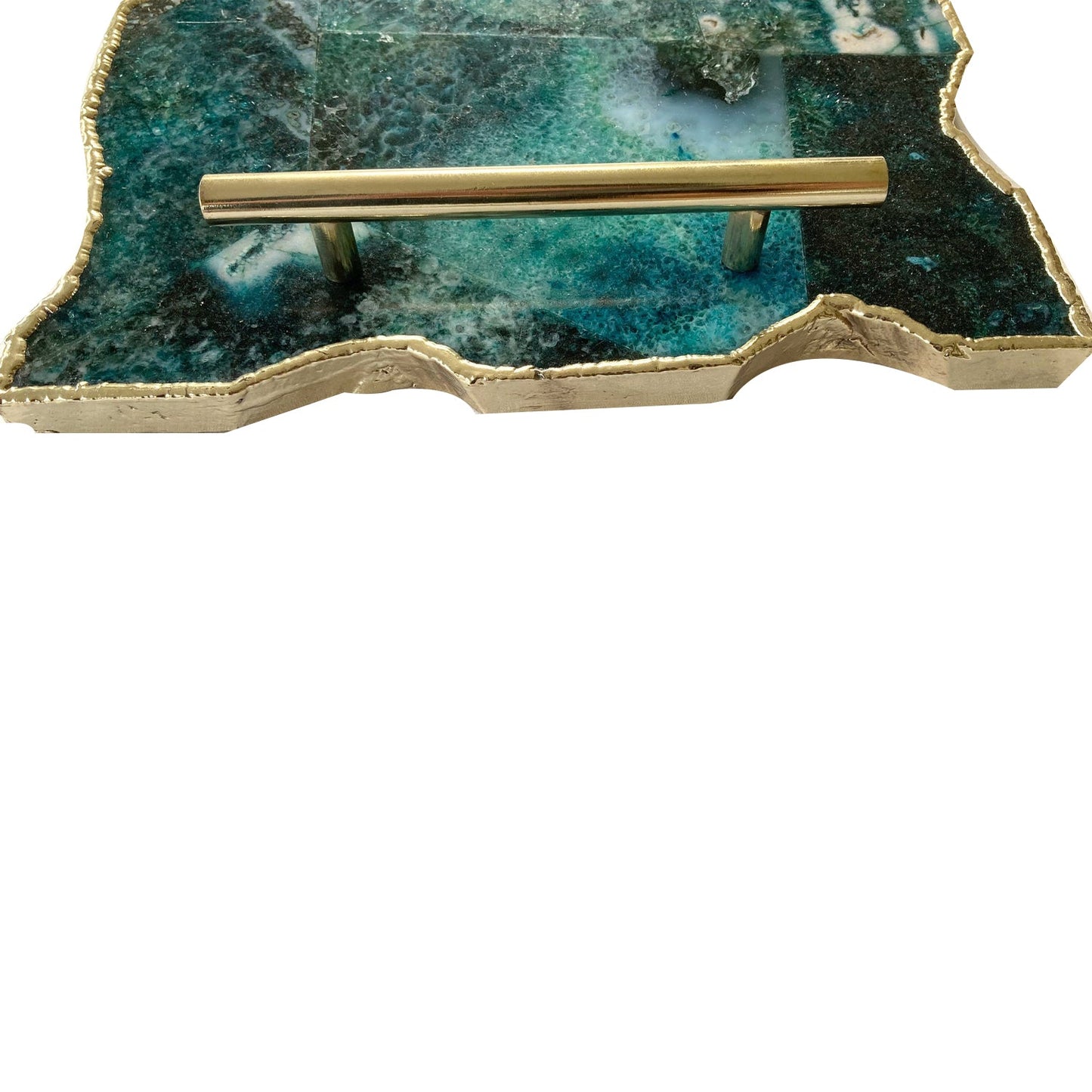 Large Composite Green Agate Serving Tray With Plain Modern Brass