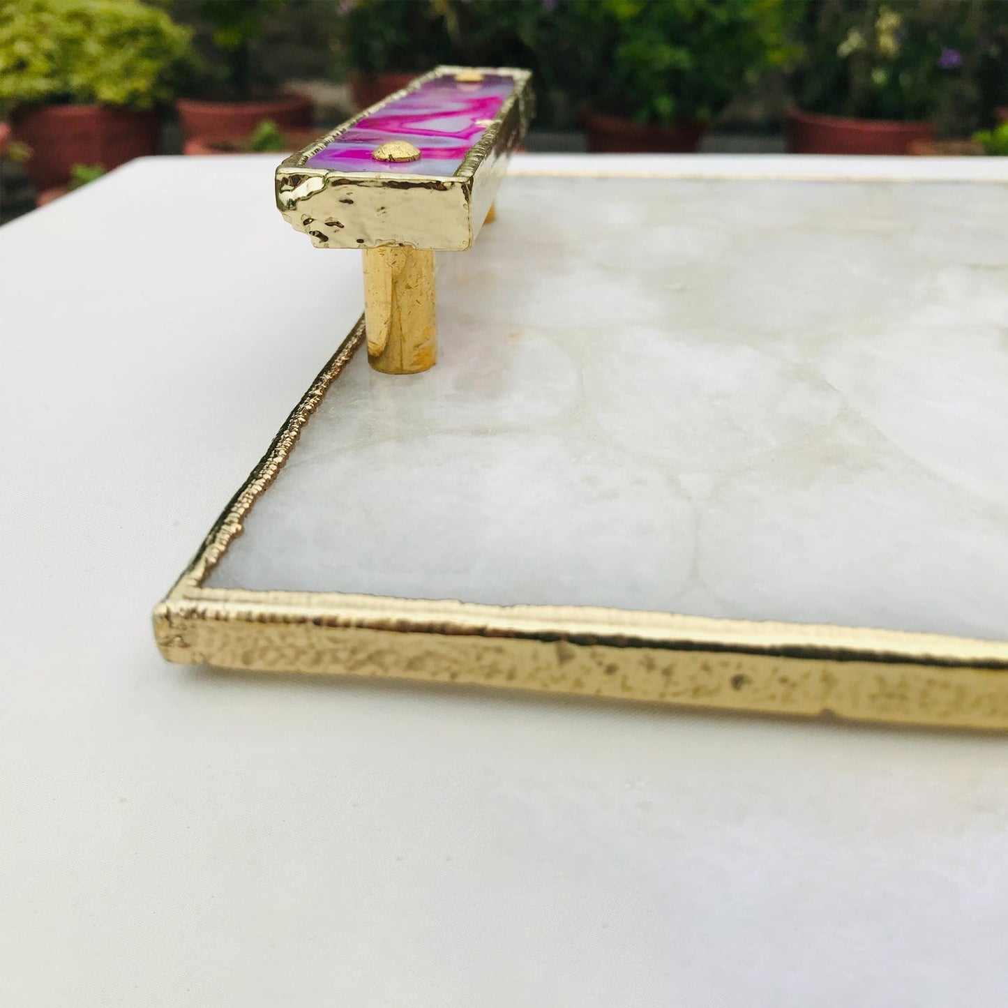 White Crystal Agate Plated Serving Tray With Pink Agate/Onyx