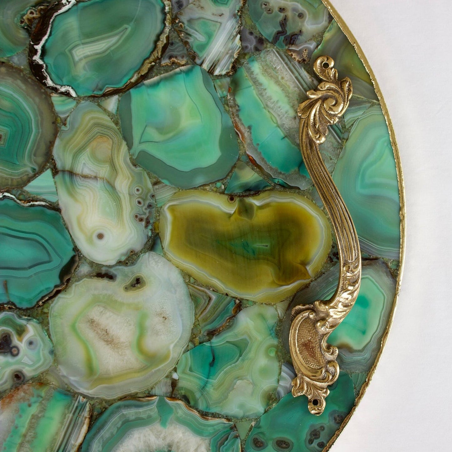 Green Agate Serving Tray With Brass Handles | Circular