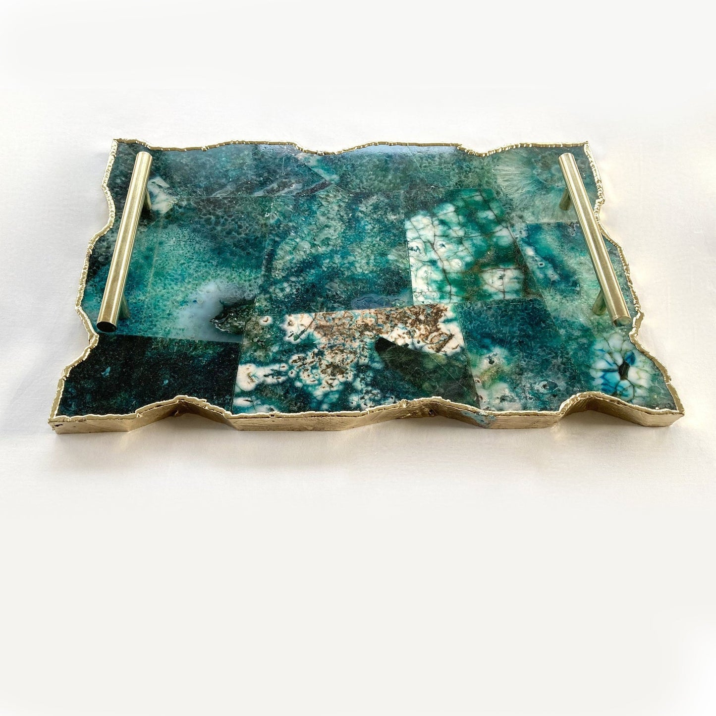 Large Composite Green Agate Serving Tray With Plain Modern Brass