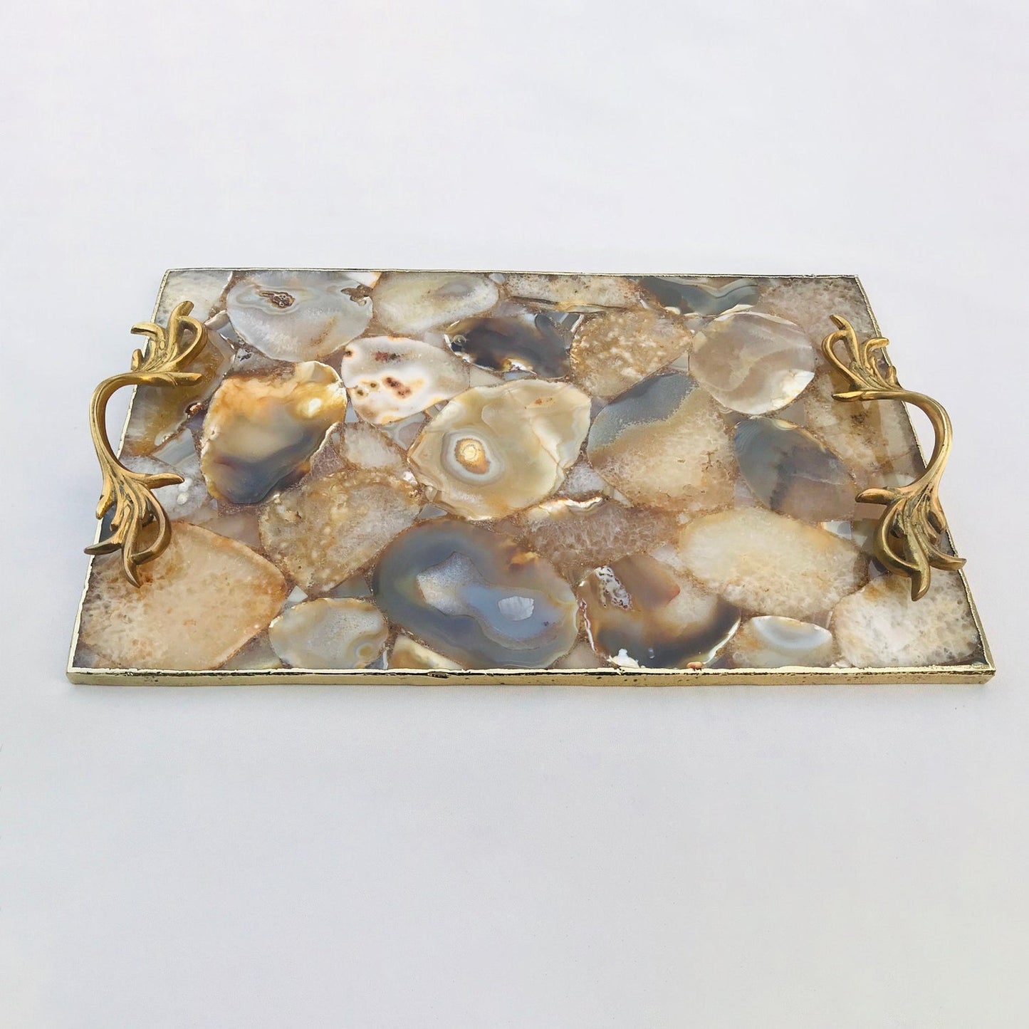 Golden Brown Agate  Serving Tray With Brass Handles