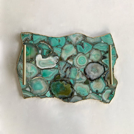 Large Green Agate Serving Tray With Plain Modern Brass
