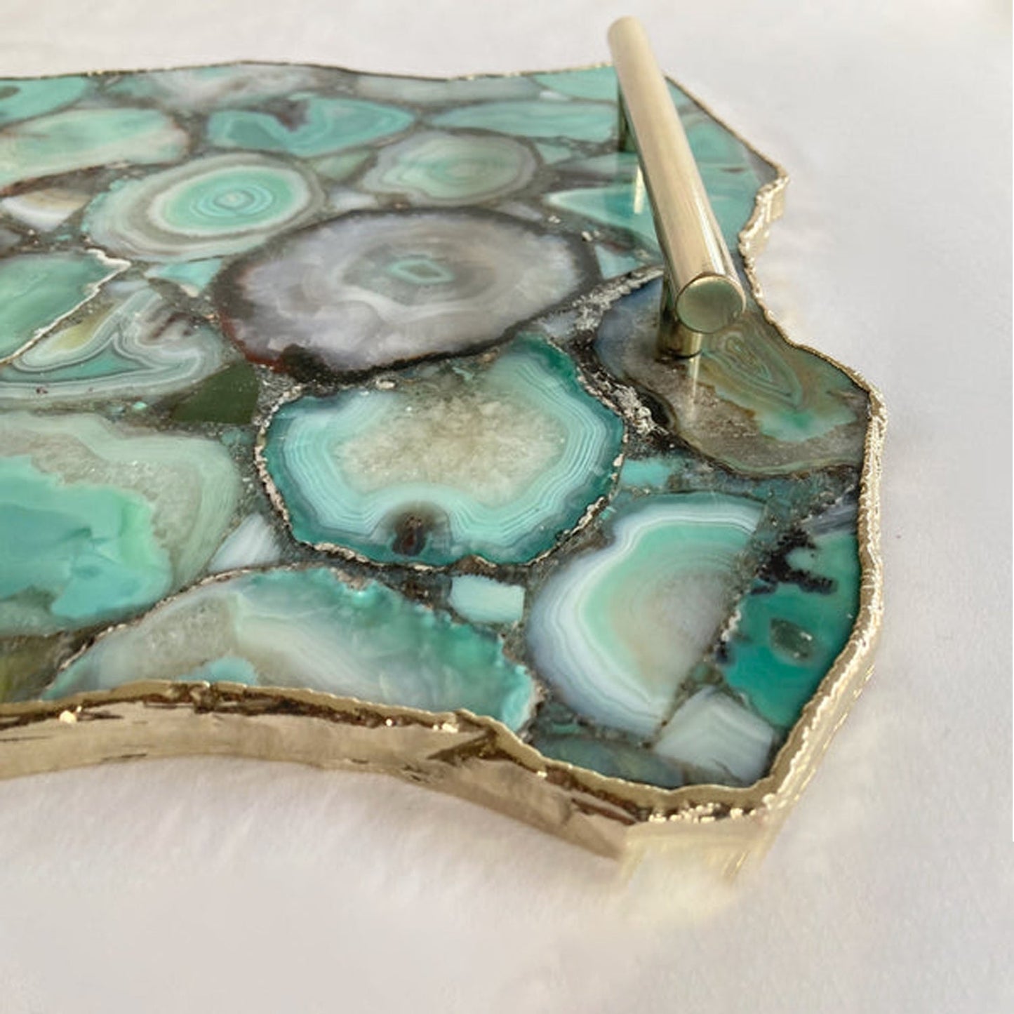 Large Green Agate Serving Tray With Plain Modern Brass