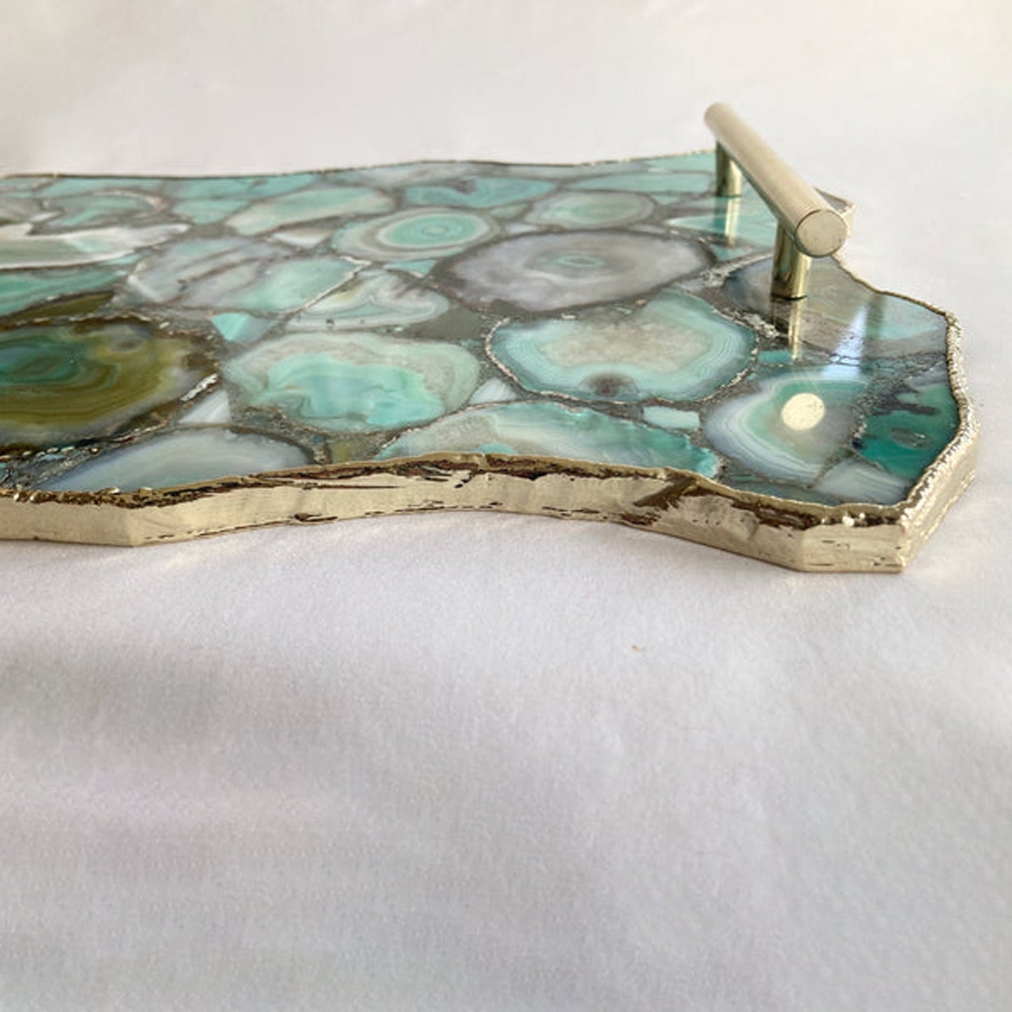 Large Green Agate Serving Tray With Plain Modern Brass