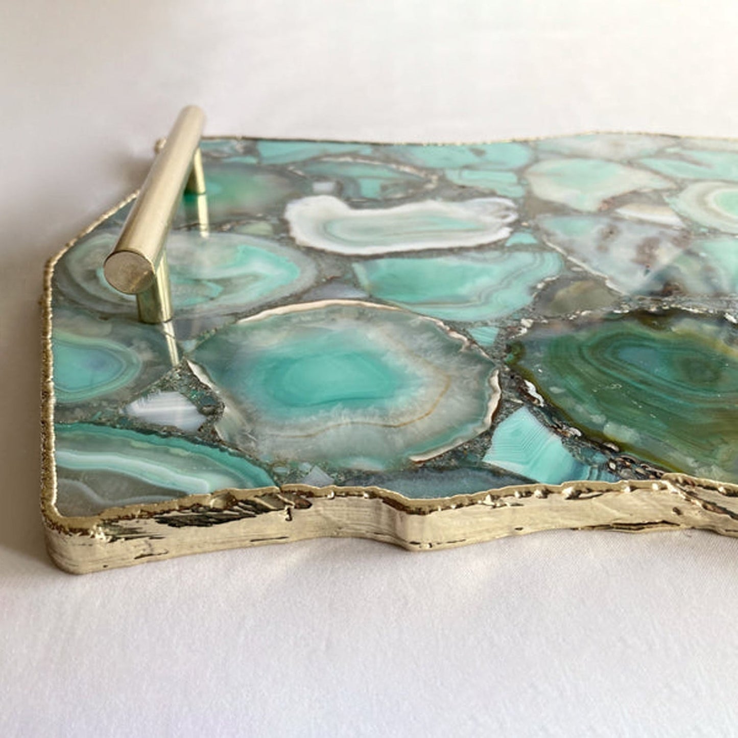 Large Green Agate Serving Tray With Plain Modern Brass