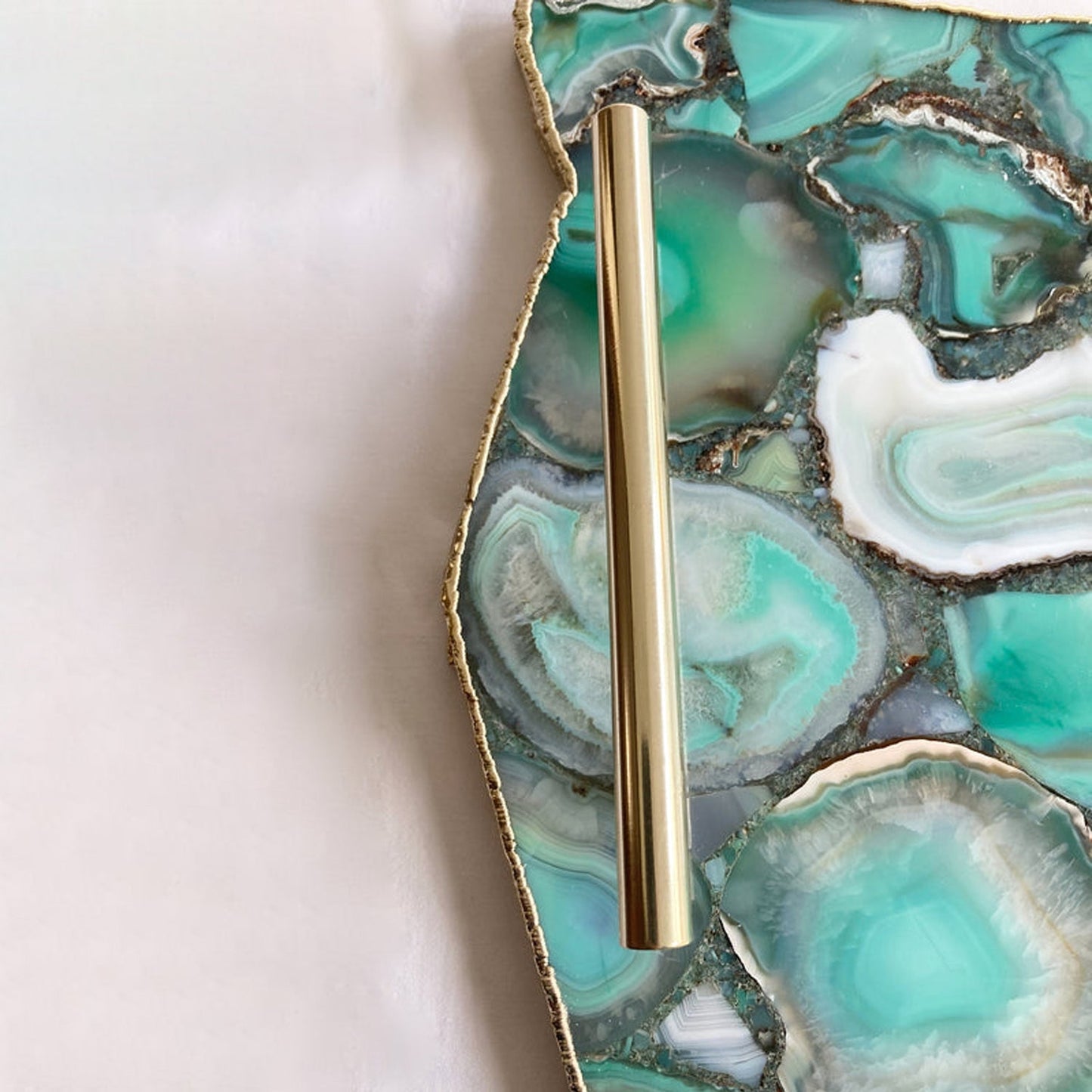 Large Green Agate Serving Tray With Plain Modern Brass