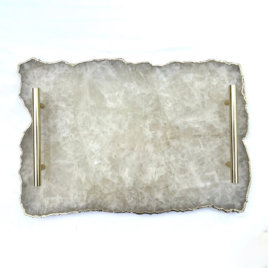 Large White Agate Serving Tray With Brass Handles/Personalised