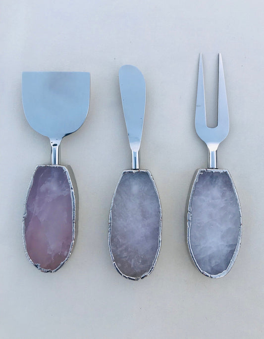 Set of 3 Rose Quartz Agate Cheese Knives/Spreaders