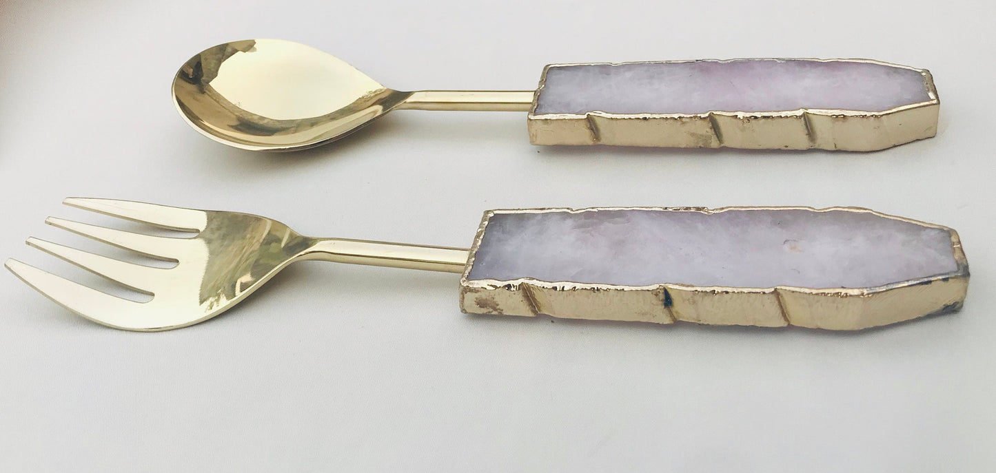 Rose Quartz Agate Salad Server - Set of 2